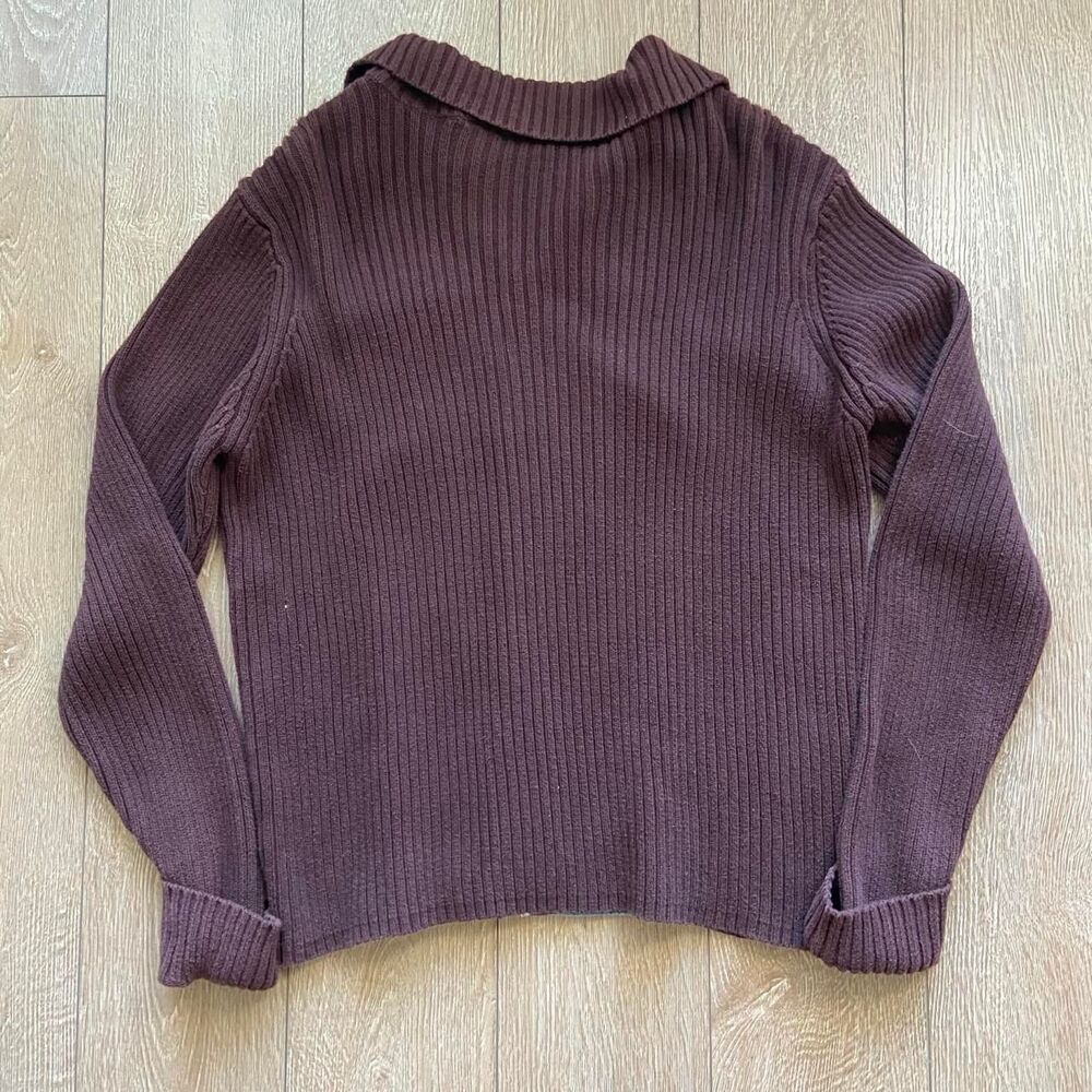Vintage Y2K Villager Denim Panel Zip Sweater Jacket Brown Ribbed Knit - Picture 3 of 5